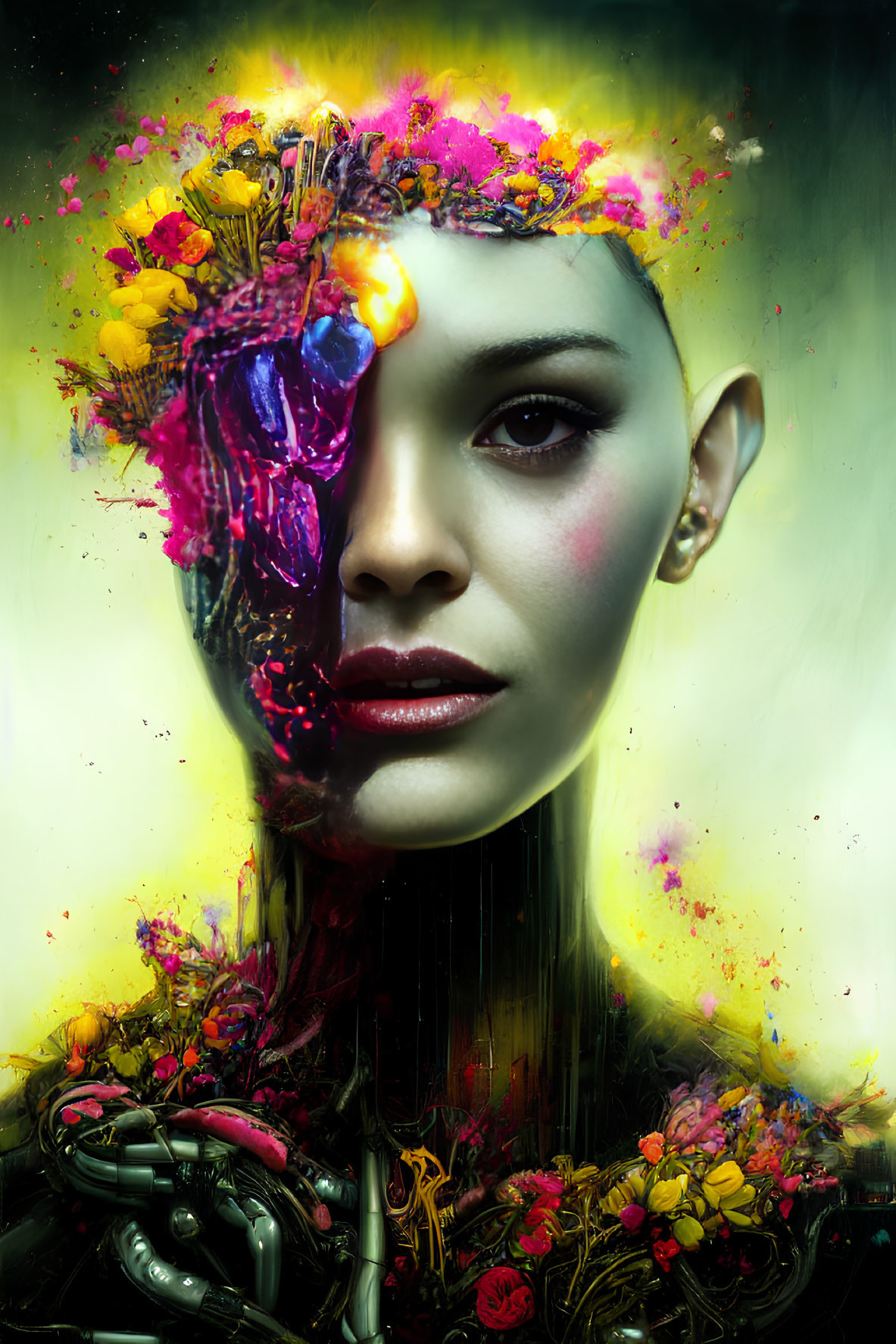 Vibrant surreal portrait of a woman with floral explosion & colorful splashes