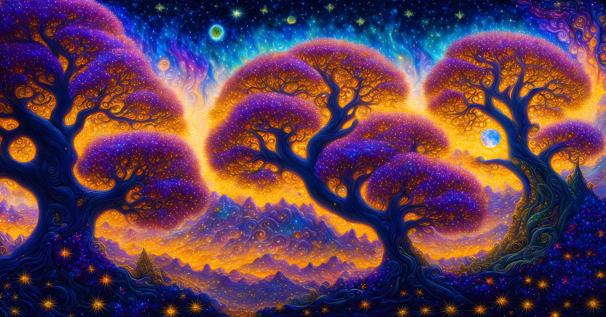 Surreal landscape with glowing purple trees under starry sky