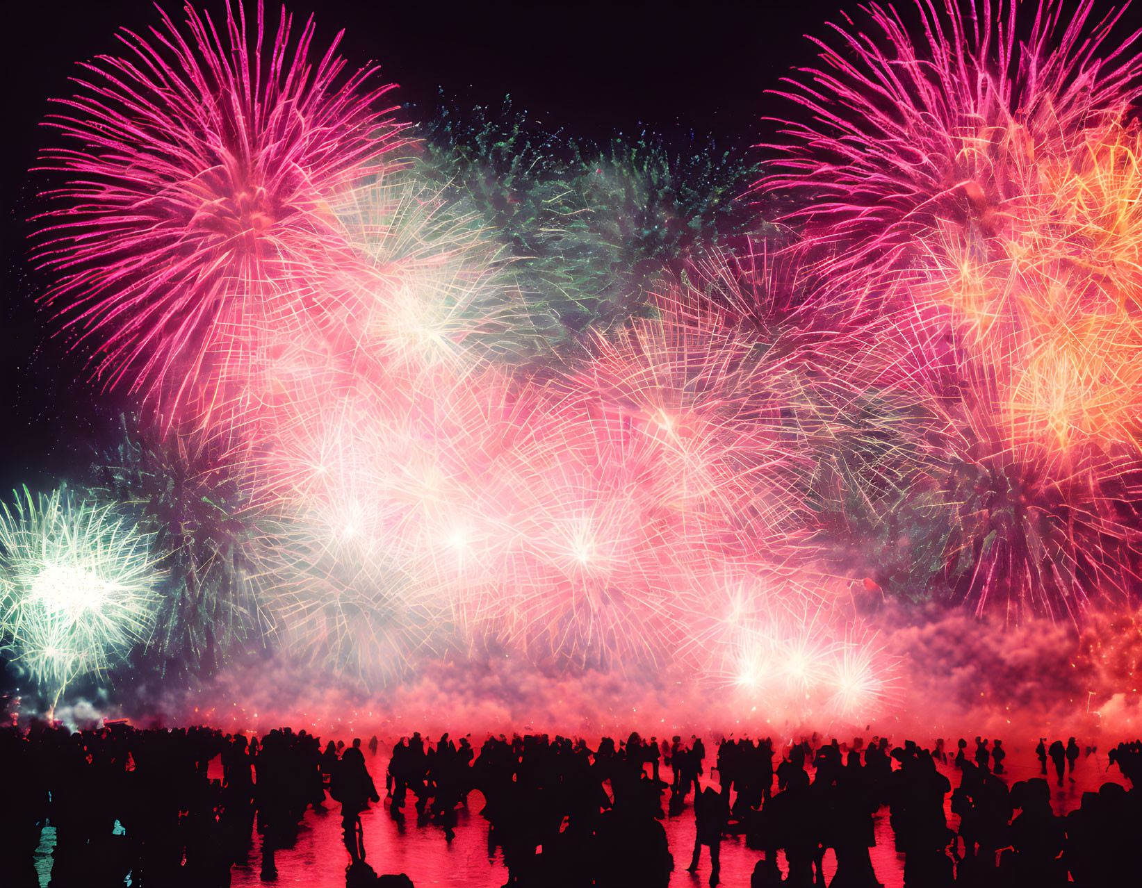 Colorful fireworks illuminate night sky over silhouetted crowd.