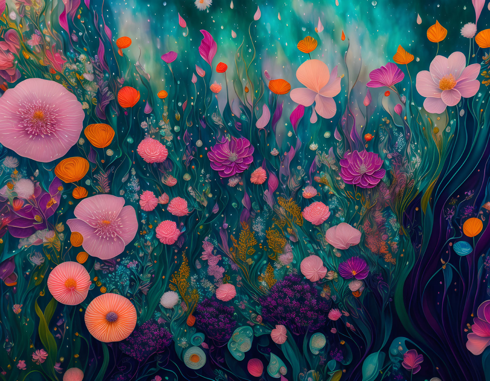 Colorful Underwater Scene with Vibrant Plants and Flowers