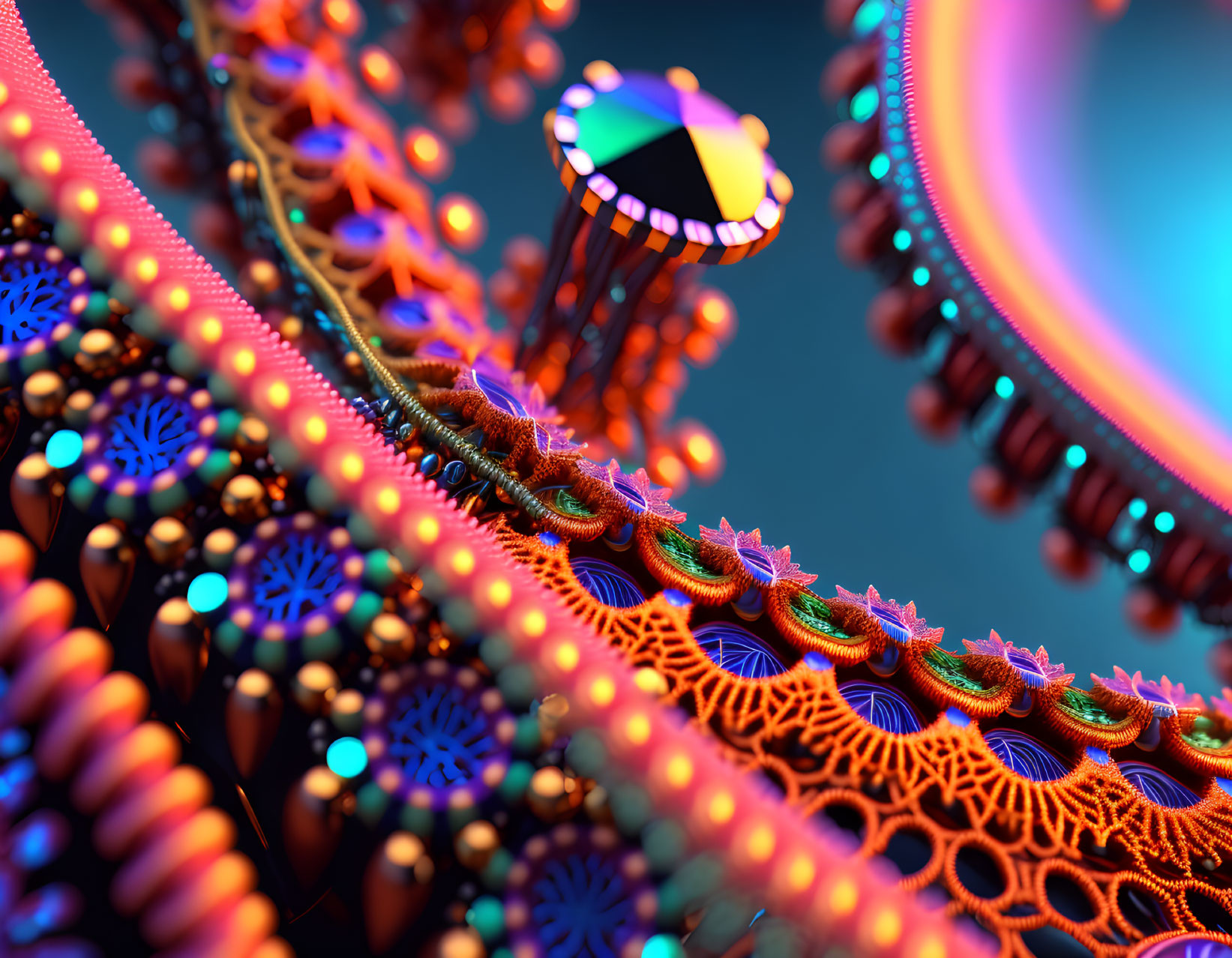 Colorful 3D Fractal Art: Futuristic Coral Patterns on Blue Background