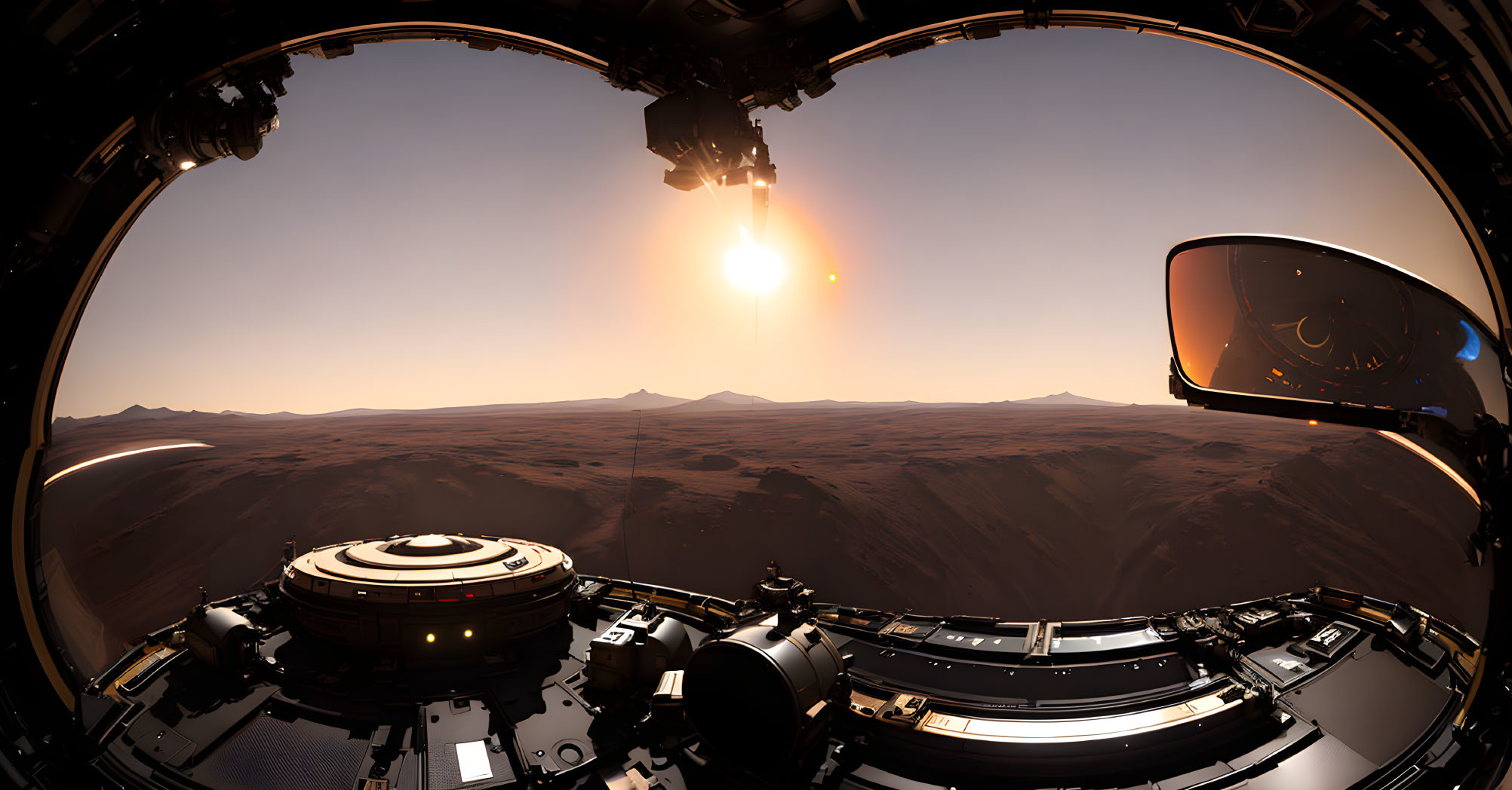 Martian landscape at sunset: rover's view of warm glow over plains