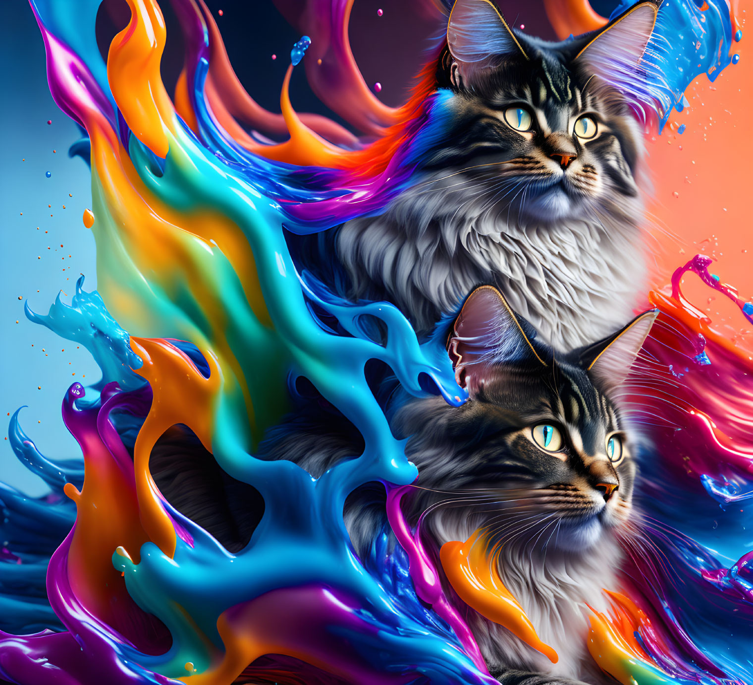 Majestic cats with piercing eyes in vibrant swirling colors