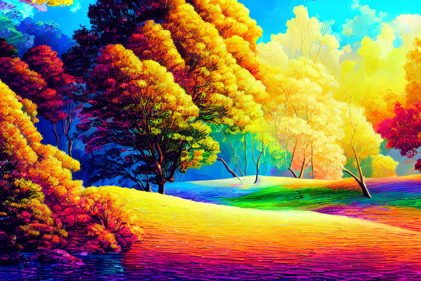 Colorful Autumn Landscape with Vibrant Trees and Undulating Field