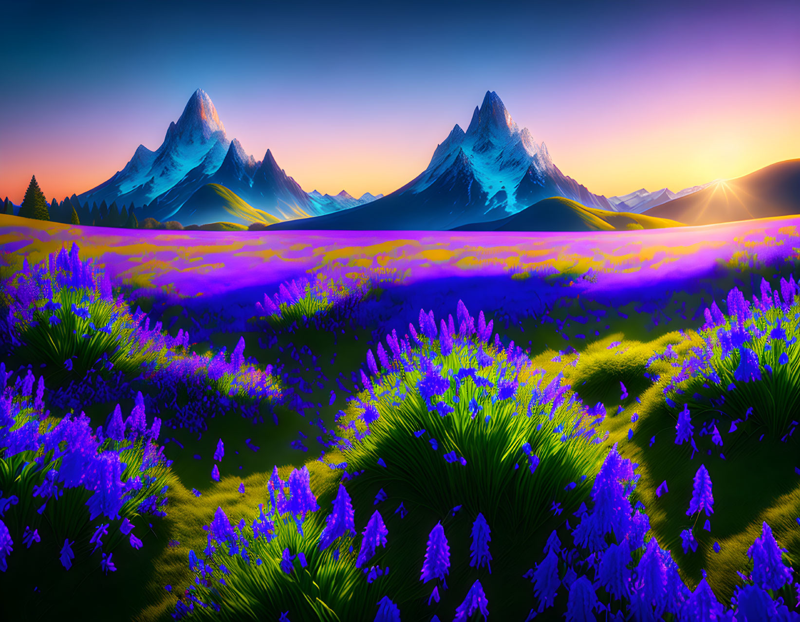 Colorful digital artwork: Purple and blue flowers, snowy mountains, sunset sky