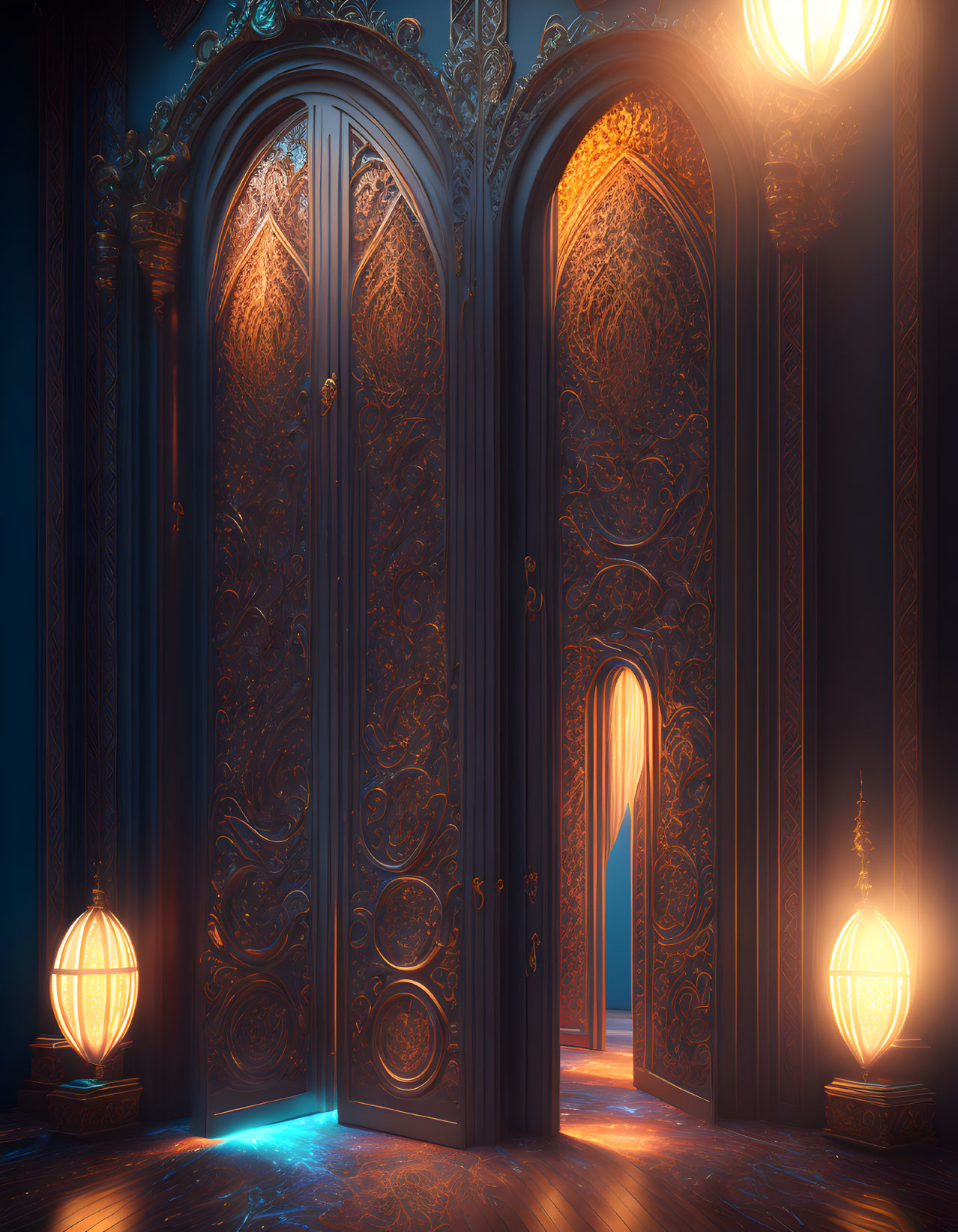 Carved Wooden Doors in Dimly Lit Room with Ornamental Lamps