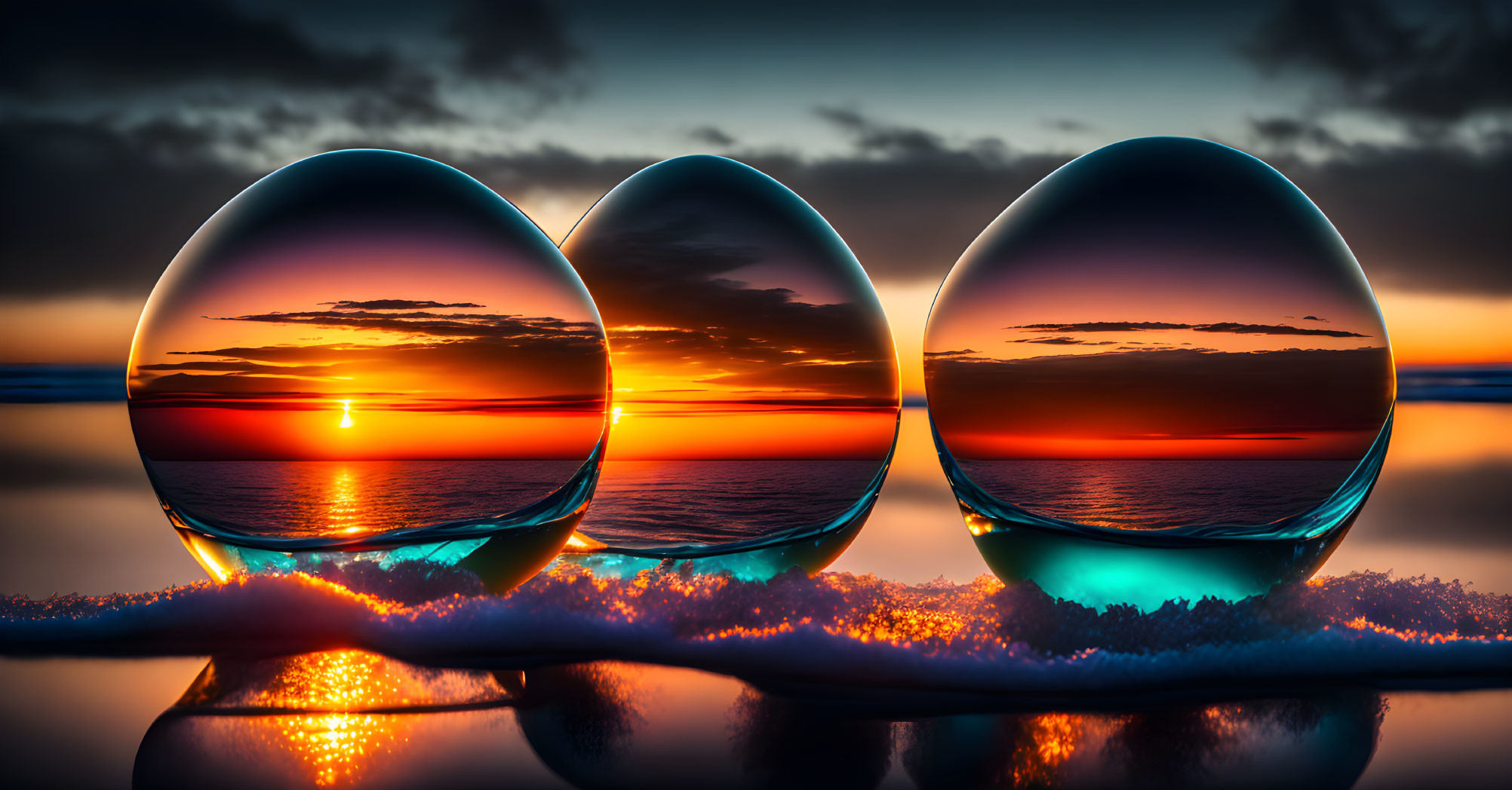 Vivid Sunset Reflection in Three Crystal Balls