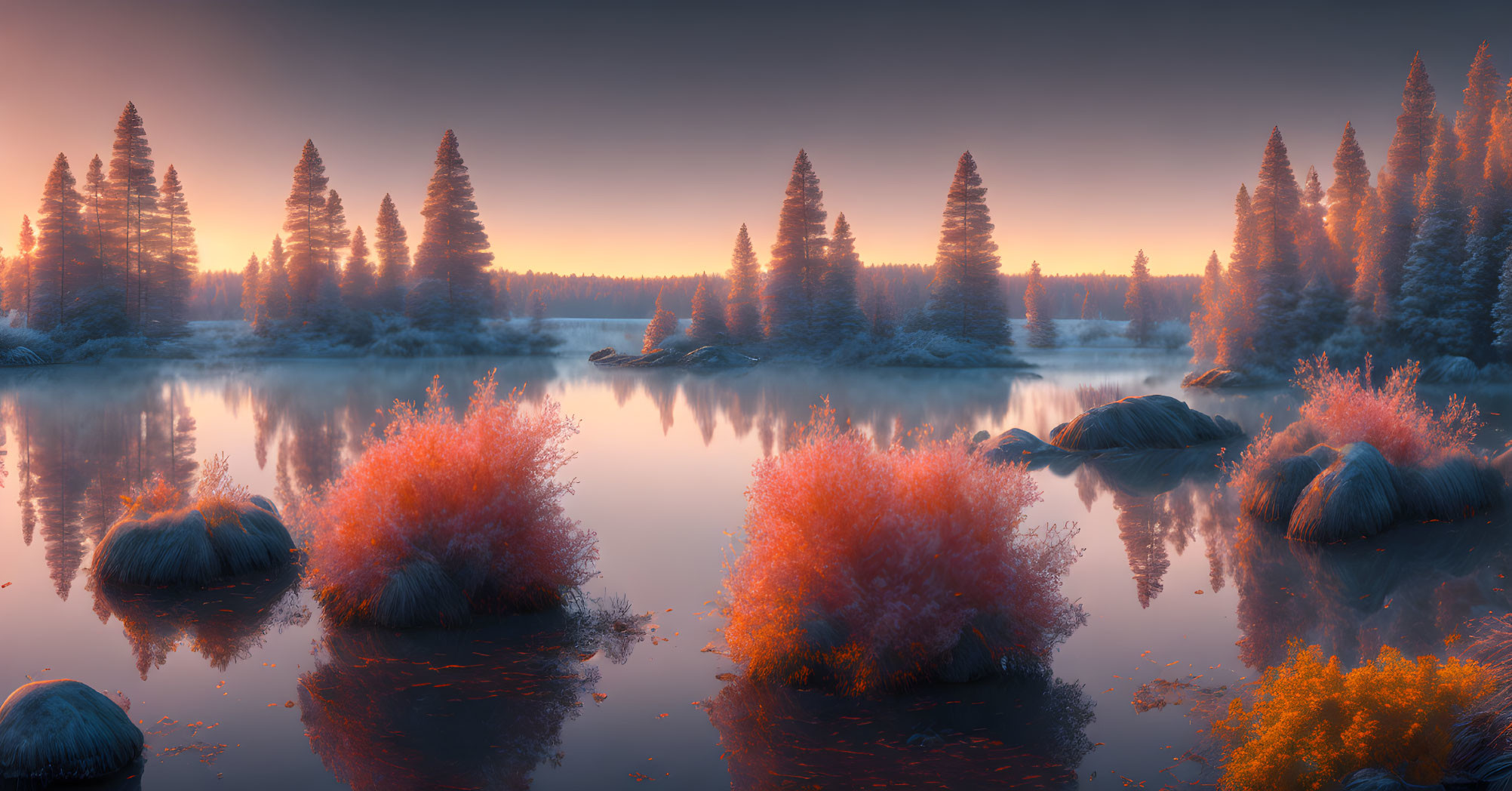 Tranquil twilight landscape with calm lake and silhouetted pine trees