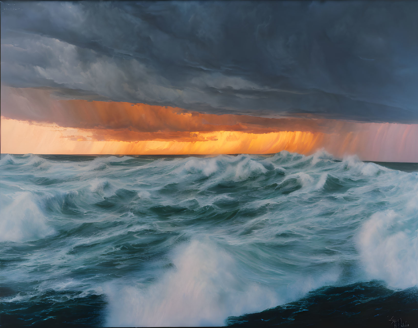 Stormy Seascape with Turbulent Waves and Orange Glow