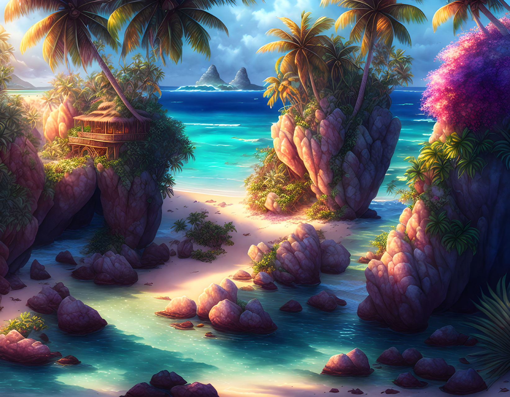 Tranquil tropical beach scene with crystal-clear water, rock formations, palm trees, lush foliage,