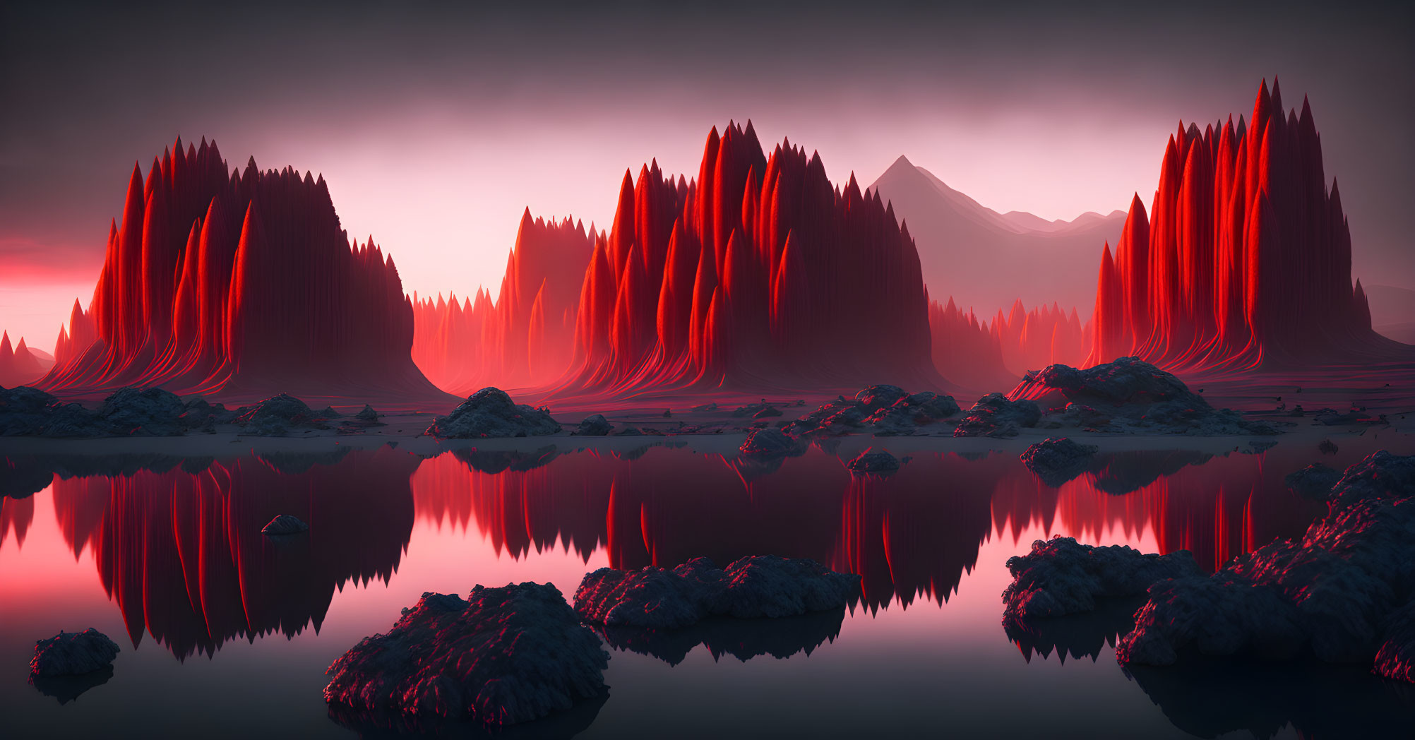 Surreal landscape with crimson peaks reflected in calm waters