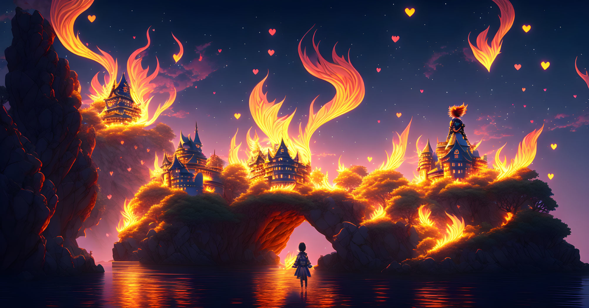 Fantasy illustration of fiery scene with burning structures on islands, person watching under starry sky