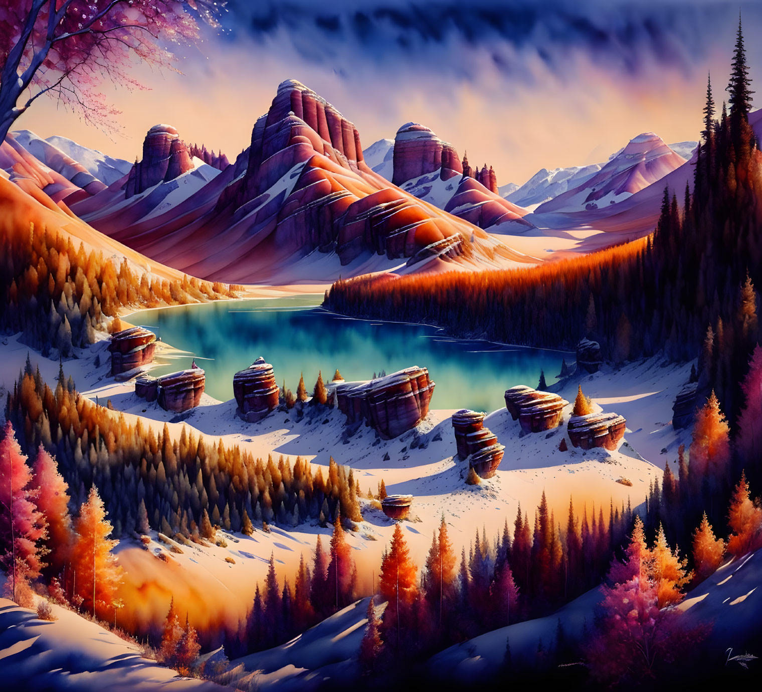 Vibrant digital artwork: Tranquil lake, whimsical rock formations, autumn trees, snow-c