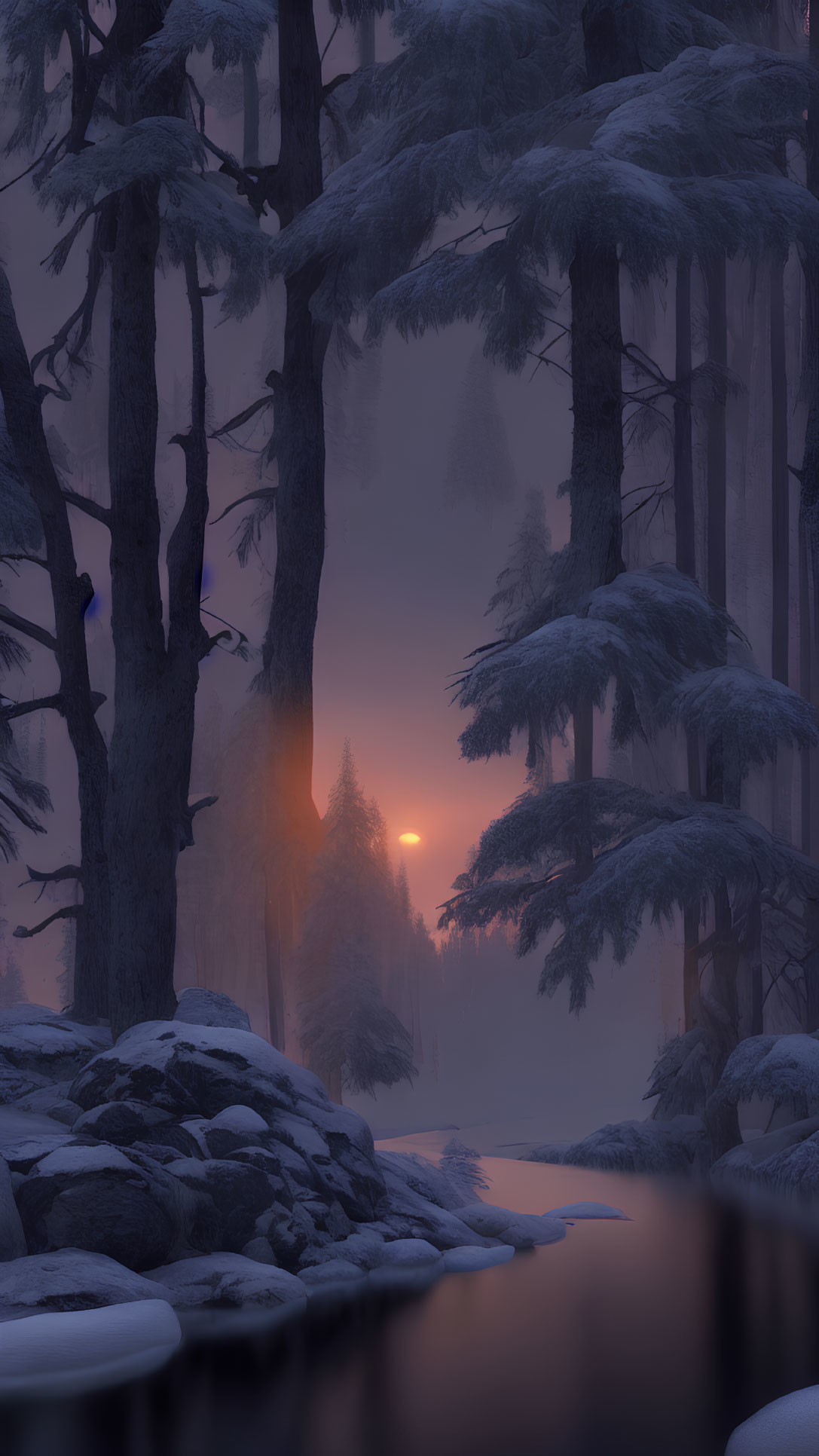 Snowy forest at twilight with tall trees, setting sun glow, mist, and tranquil stream.