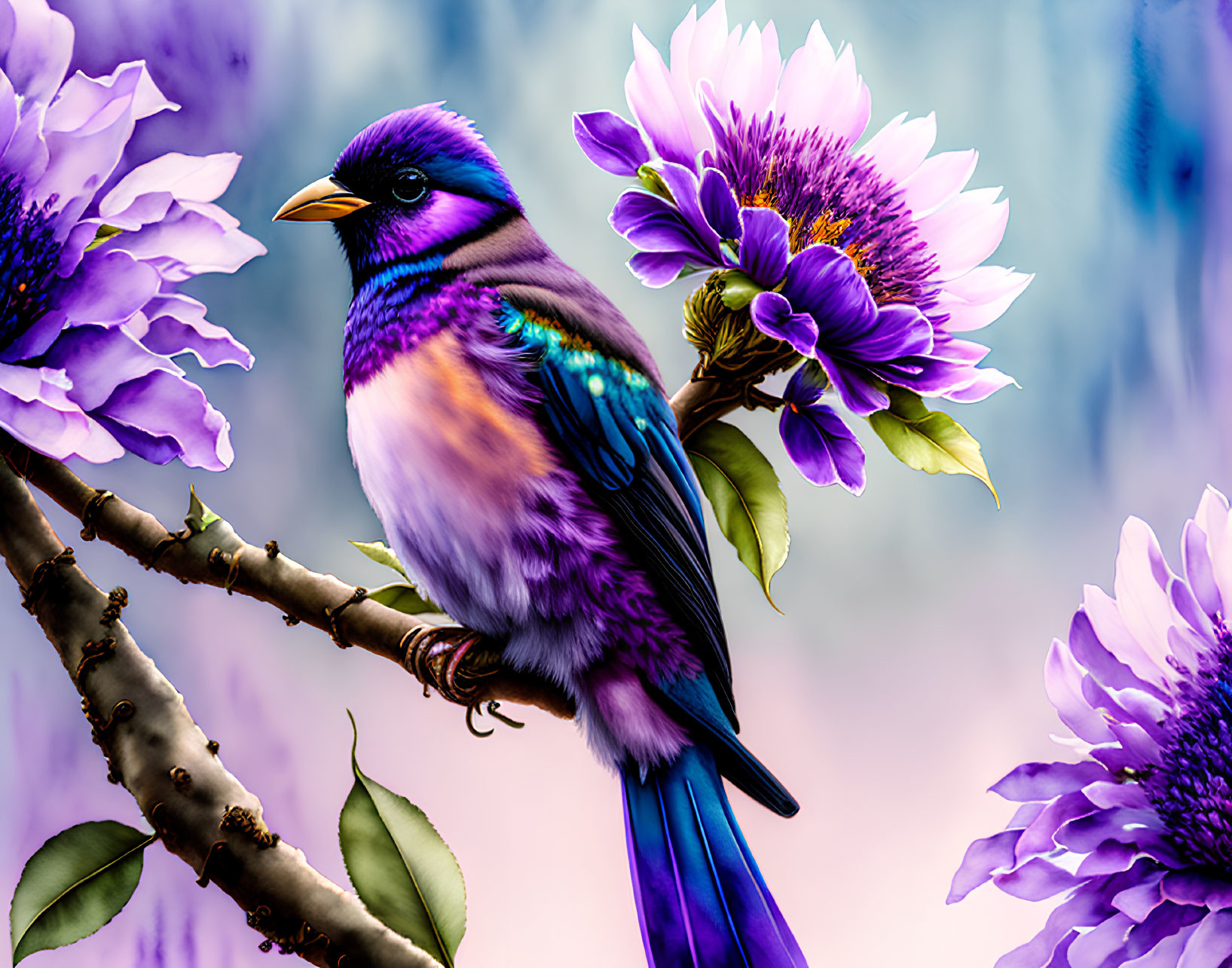 Colorful Bird Perched on Branch with Purple Flowers and Blurry Blue Background