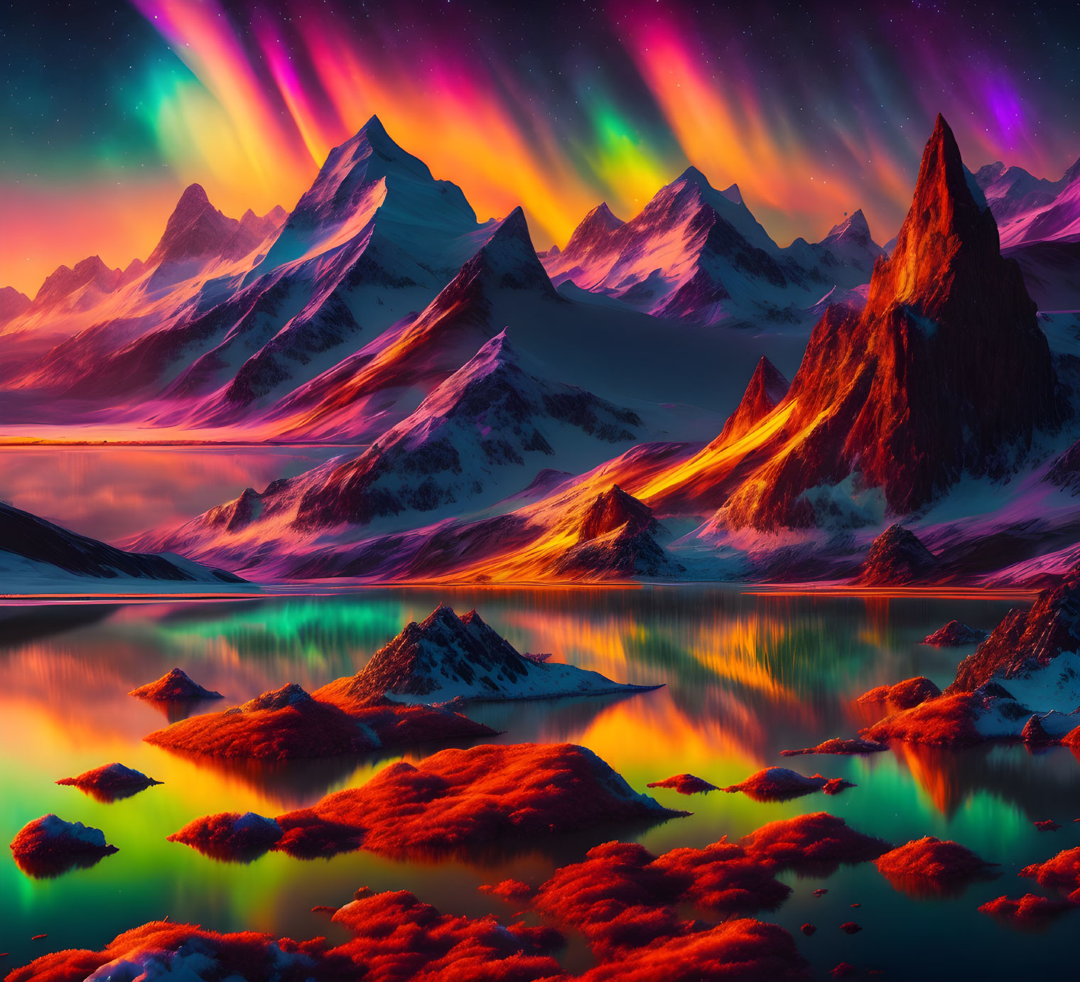 Scenic Landscape: Aurora Borealis, Snowy Mountains, Reflective Lake