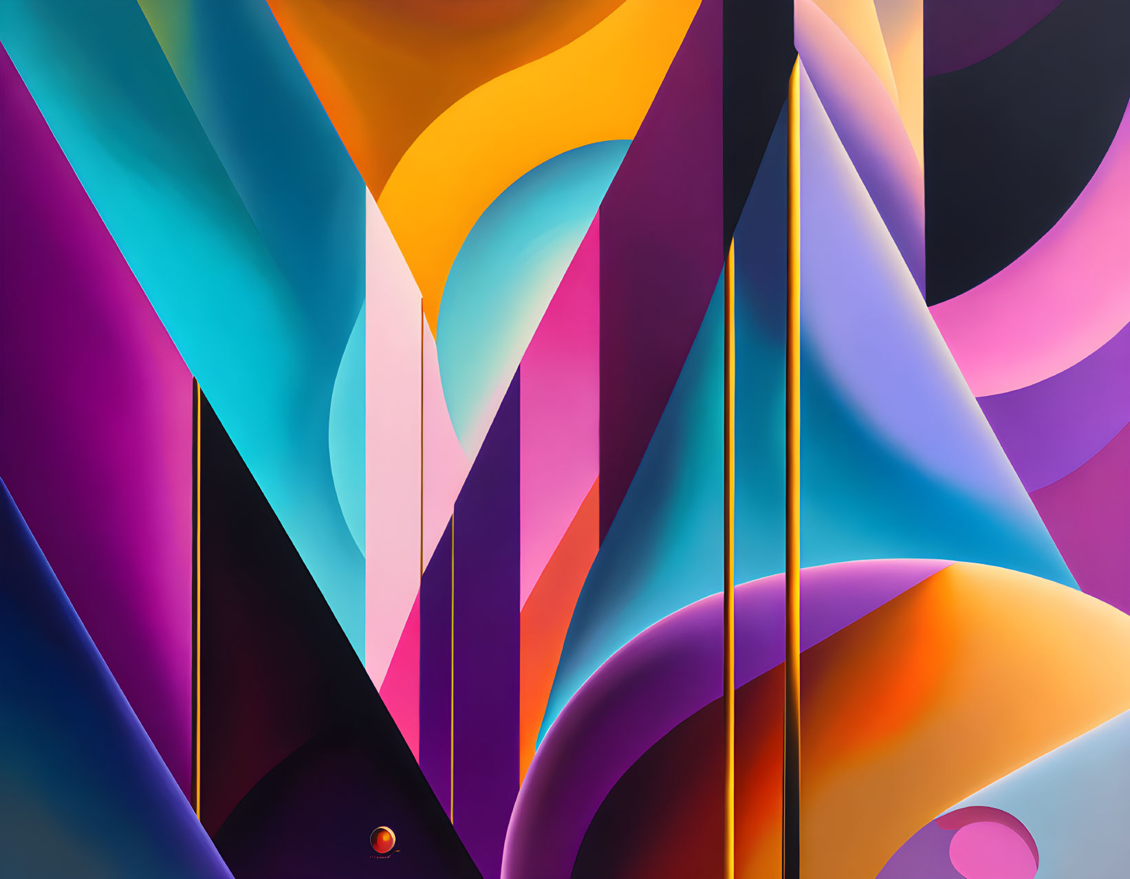 Colorful geometric abstract art with intertwining shapes in purple, pink, blue, orange, and black