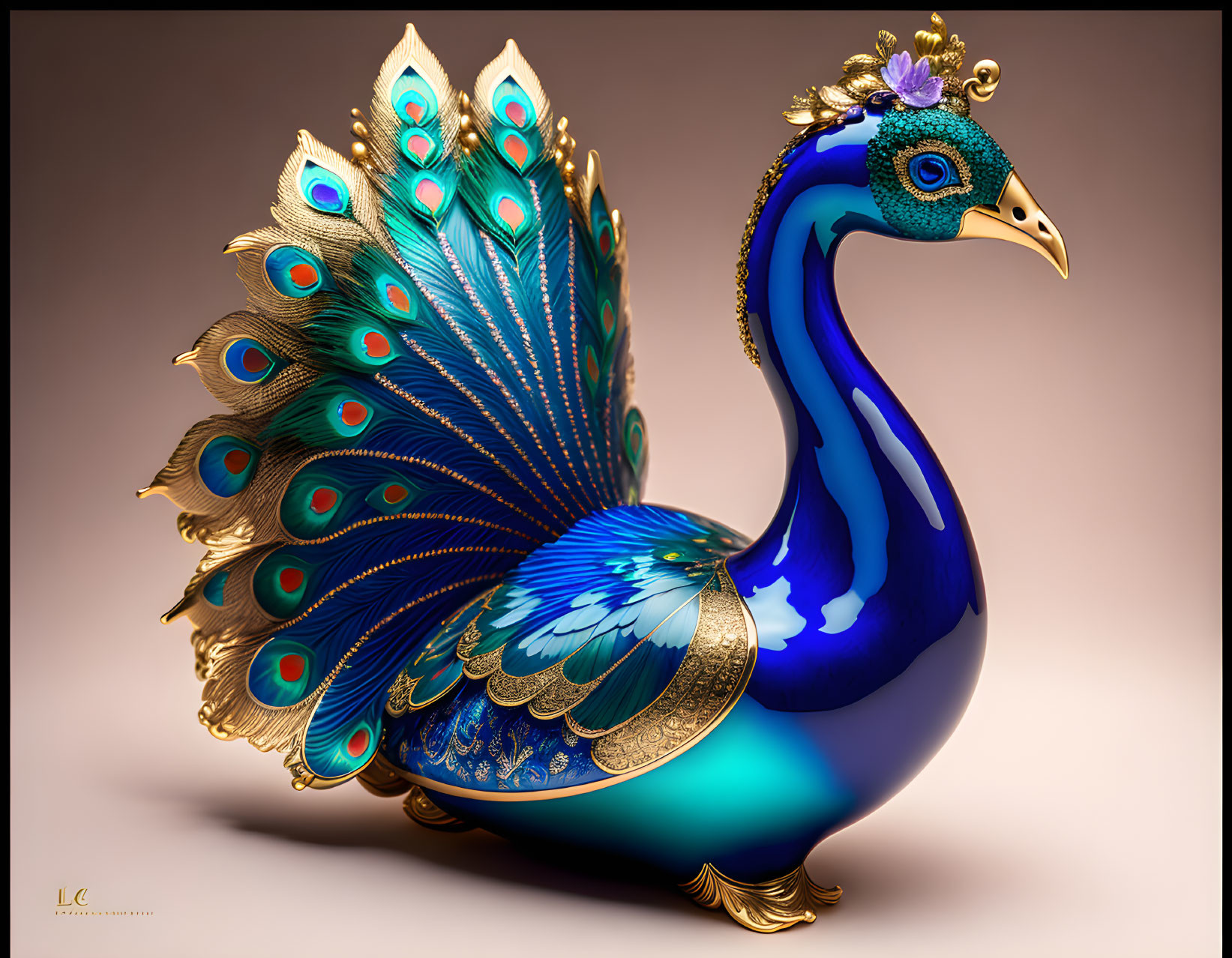 Detailed Peacock Artwork in Vibrant Blue and Gold Hues