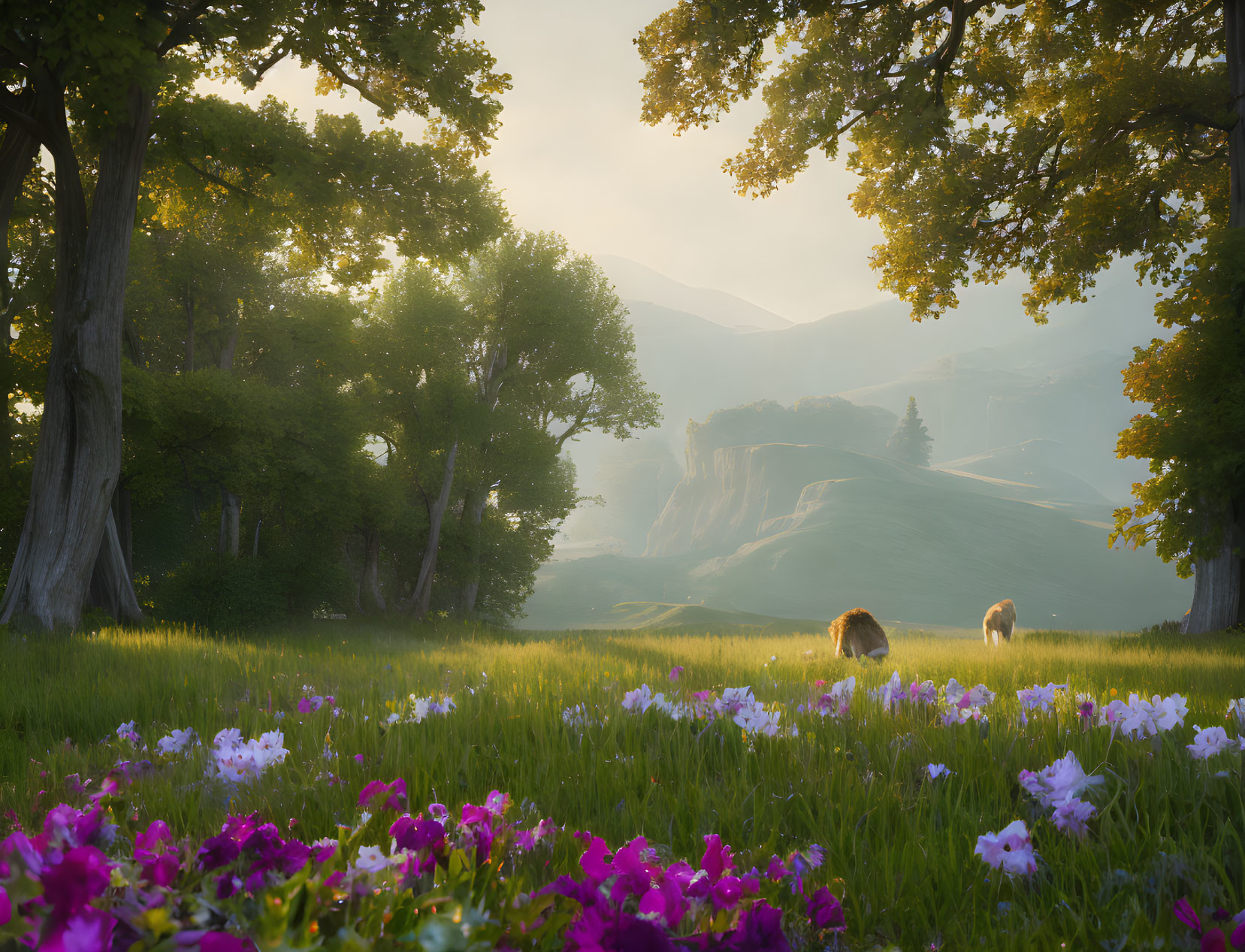 Tranquil sunrise landscape with grazing horses and rolling hills