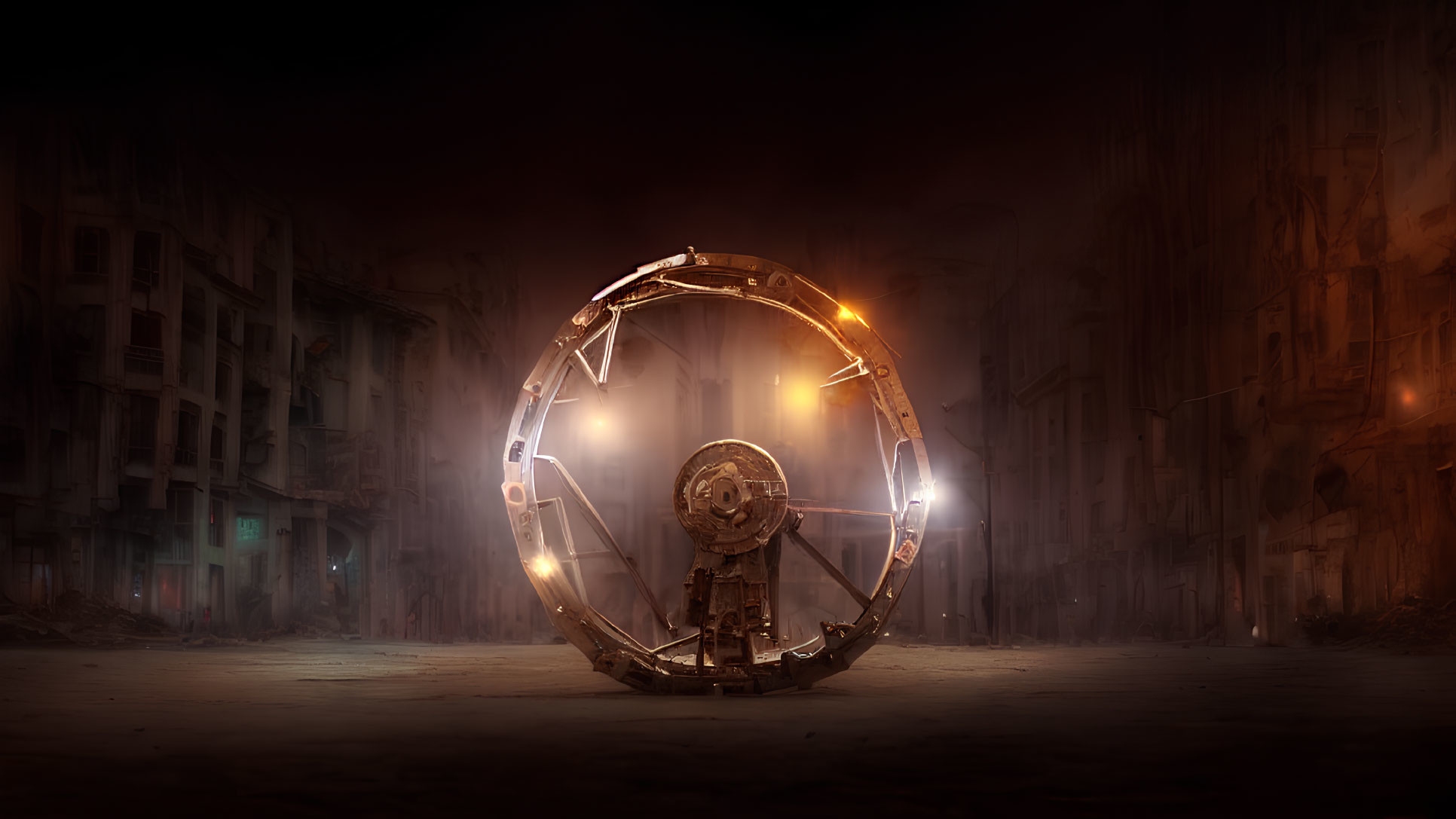 Circular illuminated vehicle in dark post-apocalyptic city street