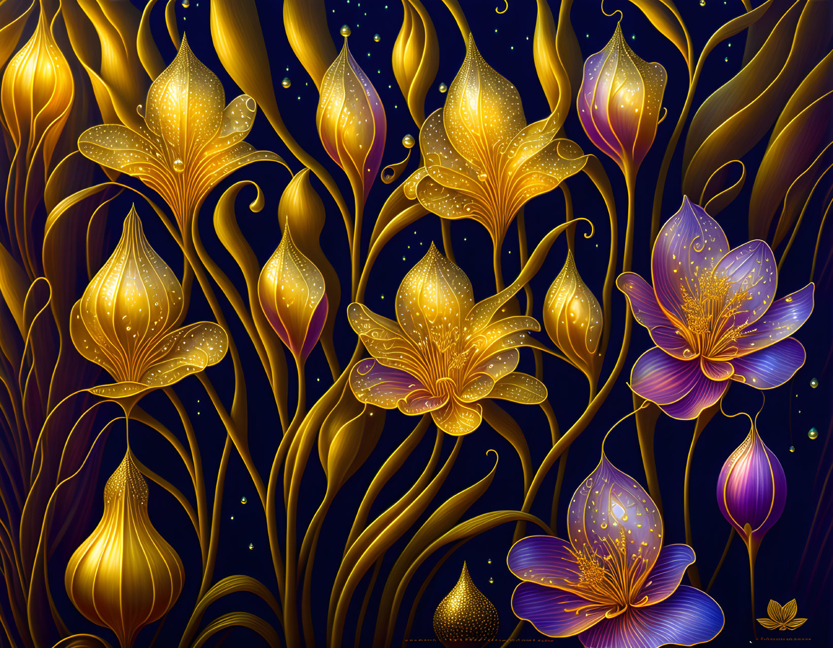 Golden and Purple Stylized Flowers Digital Art on Dark Background