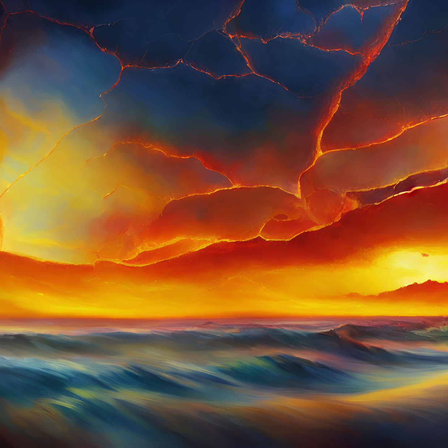 Colorful Sunset Painting with Textured Clouds and Ocean Waves