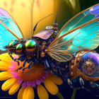 Detailed Mechanical Insect on Orange Flower with Iridescent Wings