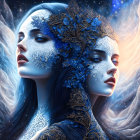 Colorful digital artwork: Blue face with intricate patterns in fantastical tree scenery