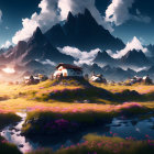 Colorful stylized landscape with rolling hills, lake, and mountains under pastel sky