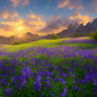 Vivid blue eye in surreal landscape at dusk