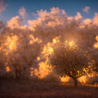 Majestic forest scene with orange foliage, glowing light, birds, and crescent moon