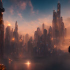 Mystical sunrise landscape with towering rock pillars in low-lying fog