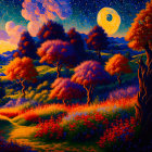 Colorful Stylized Forest Scene with Starry Night Sky