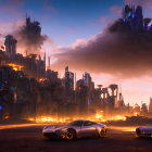 Futuristic sci-fi landscape with cars and people on a desert planet