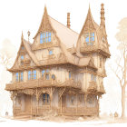 Victorian-style house illustration with autumn tree backdrop