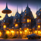 Ornate Buildings Illuminated in a Fantastical City at Dusk