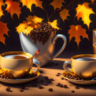 Autumn-themed coffee scene with cups, beans, leaves, pumpkin, and French press