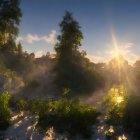 Fantasy landscape with large tree, twin moons, fiery horizon, and tranquil water.