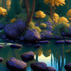 Tranquil pond with vibrant blossoms and dark stones