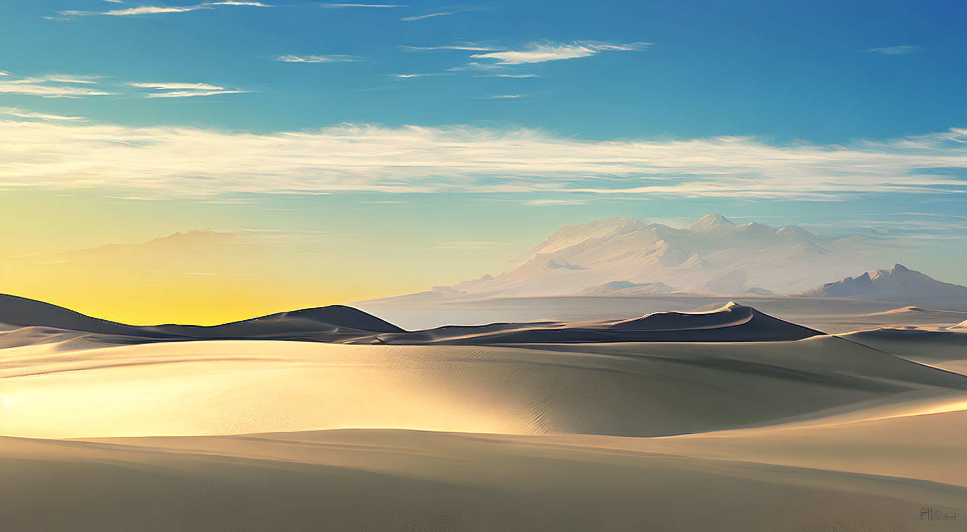 Golden sand dunes and snow-capped mountains in serene desert landscape