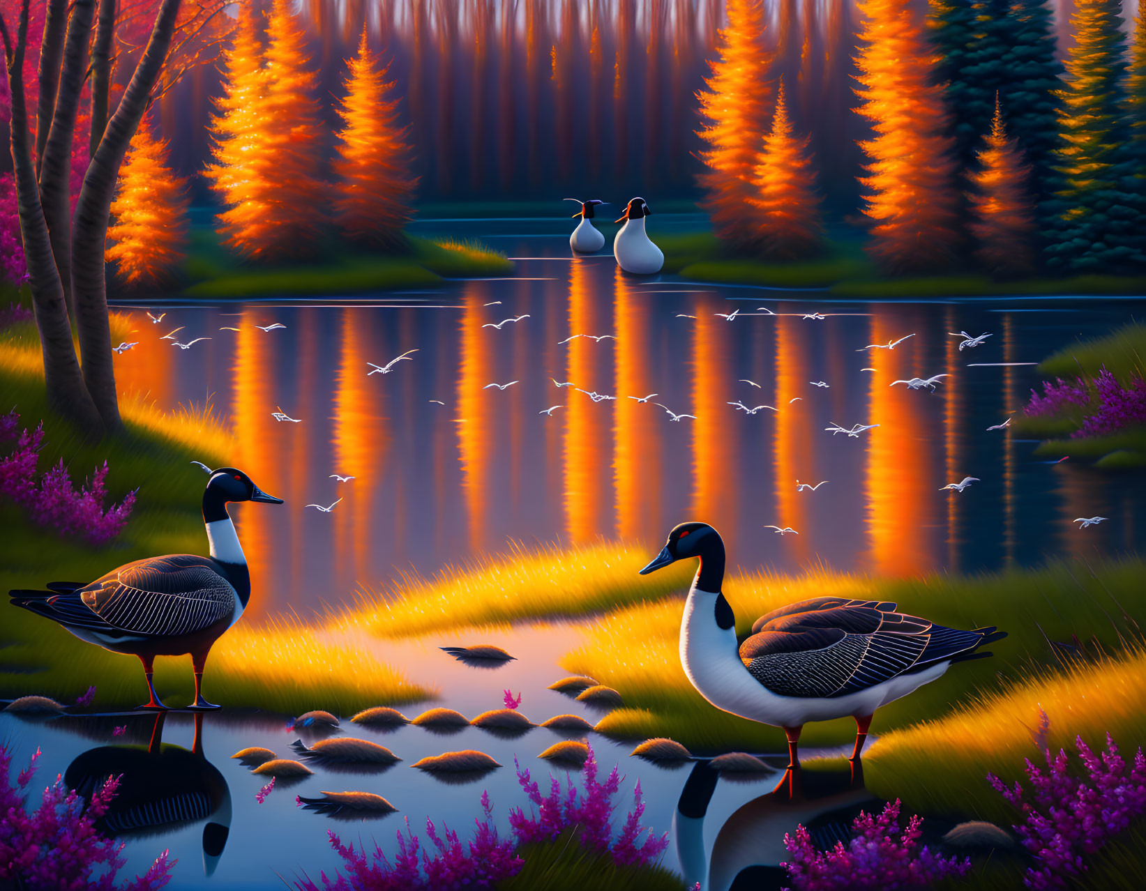 Geese by Lake at Sunset with Trees and Birds