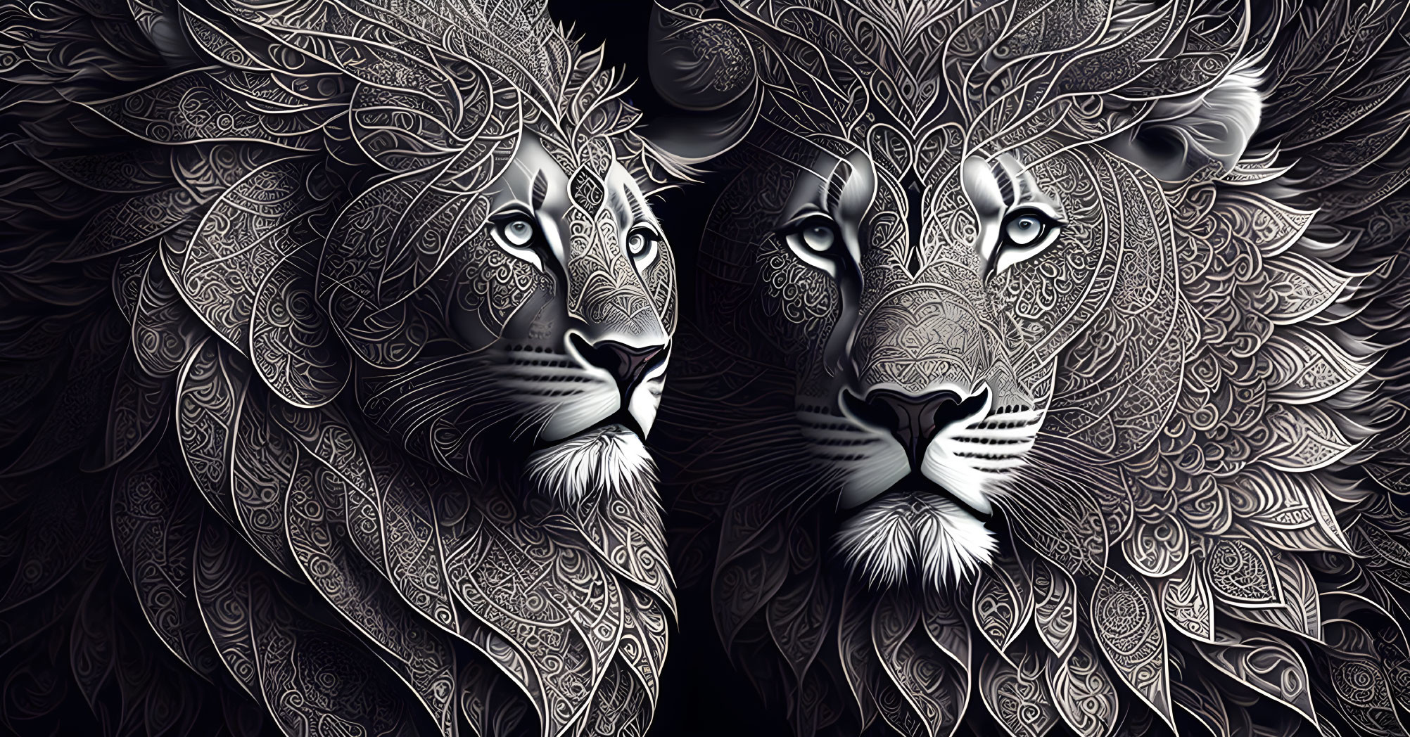 Symmetrical black and white lion illustration with intricate patterns