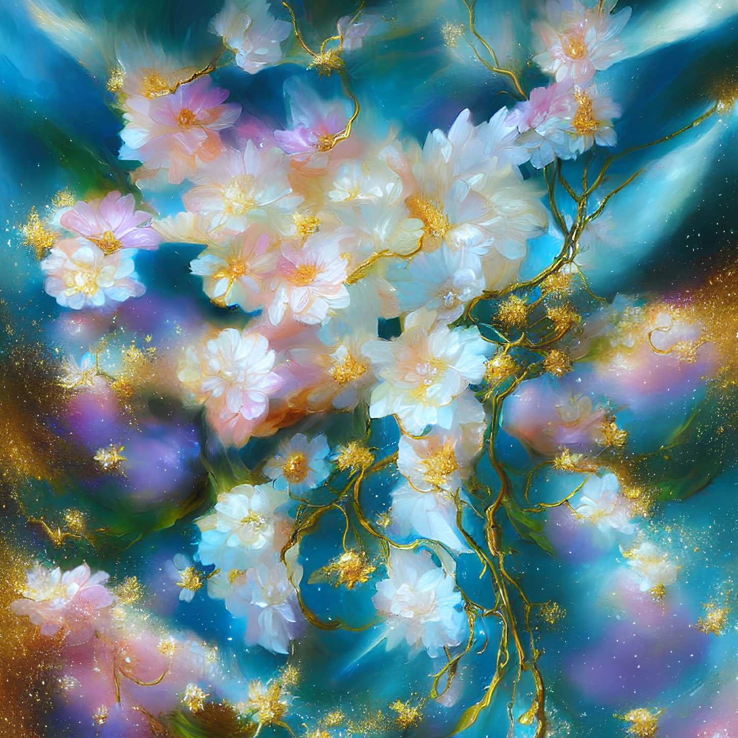 Ethereal cherry blossoms with golden branches on cosmic backdrop