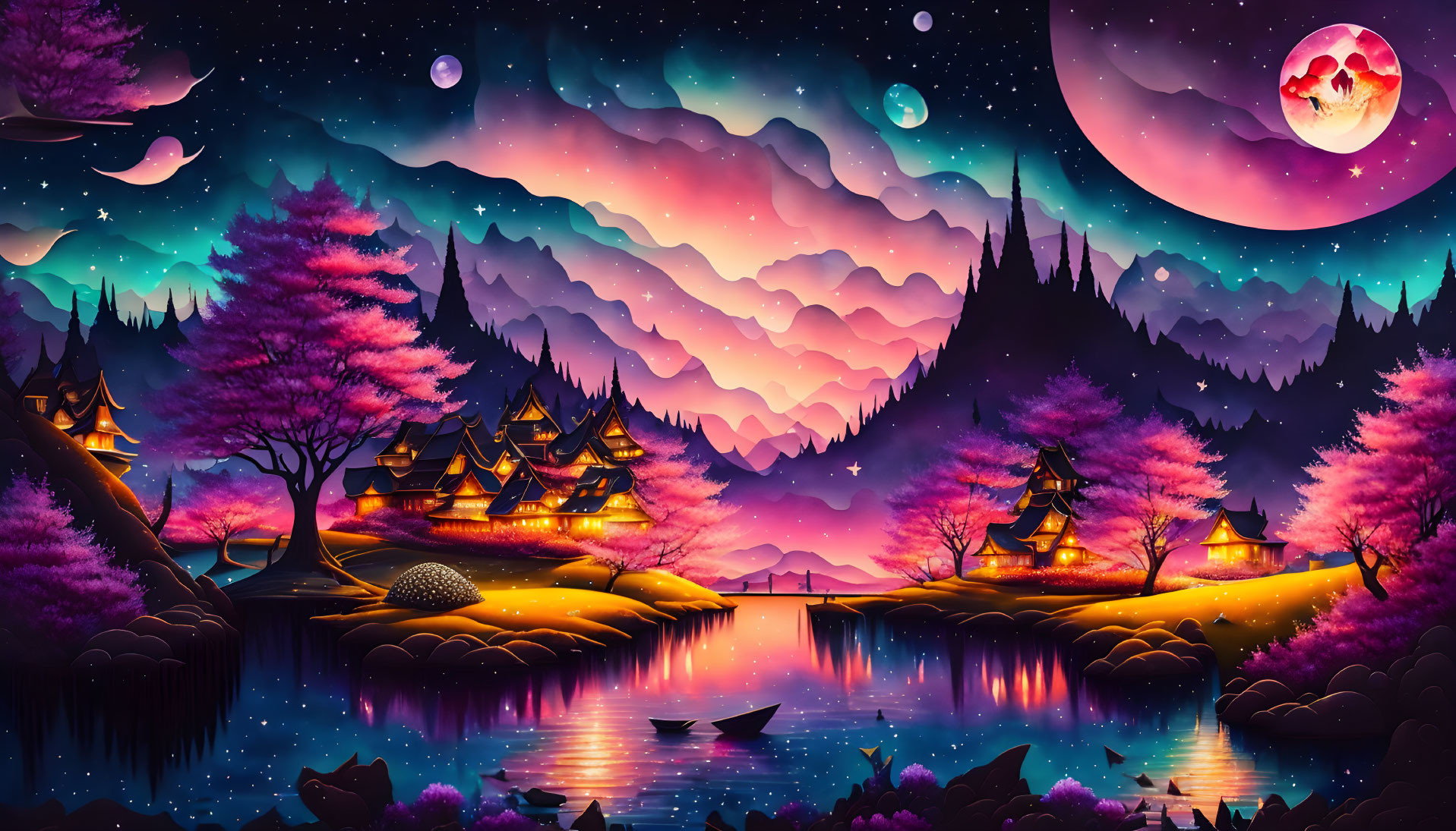 Colorful fantasy landscape with pink trees, traditional houses, mountains, and night sky.