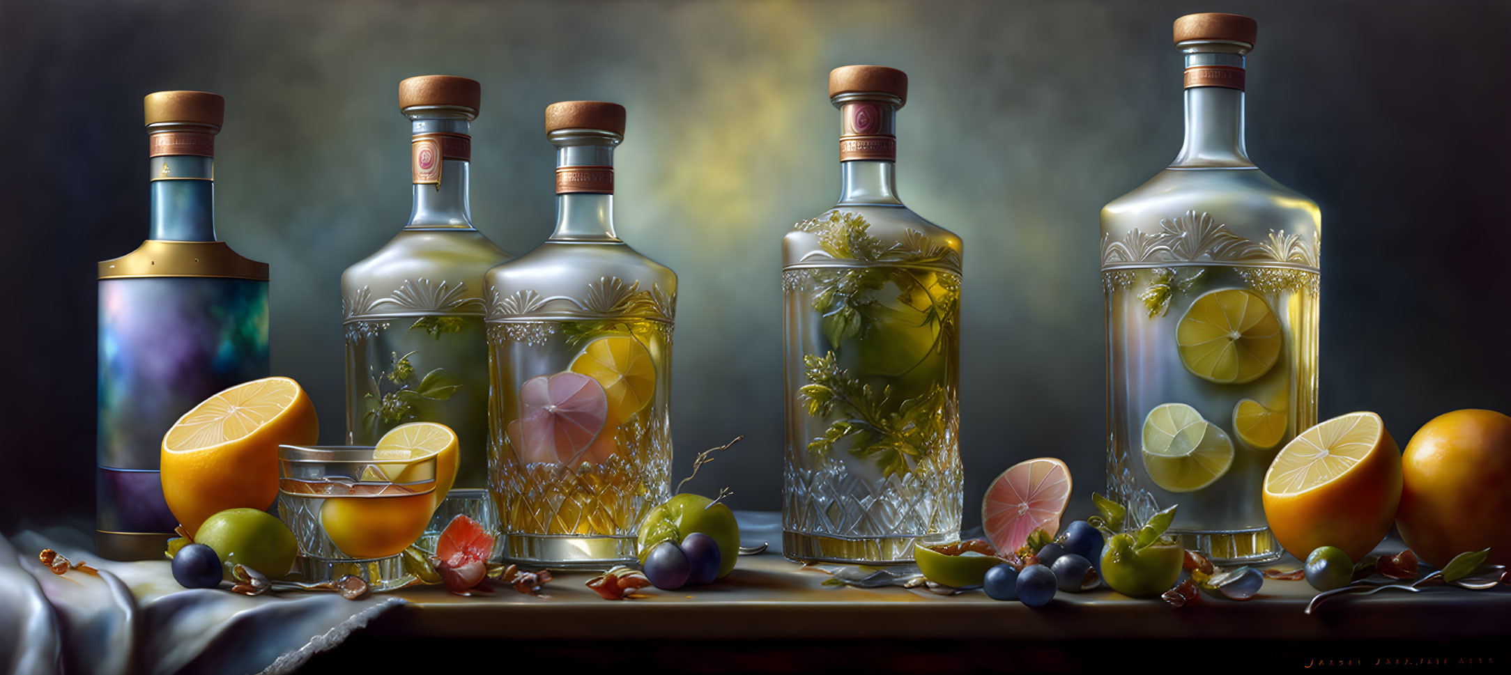 Ornate Glass Bottles with Botanicals and Citrus Fruits Display