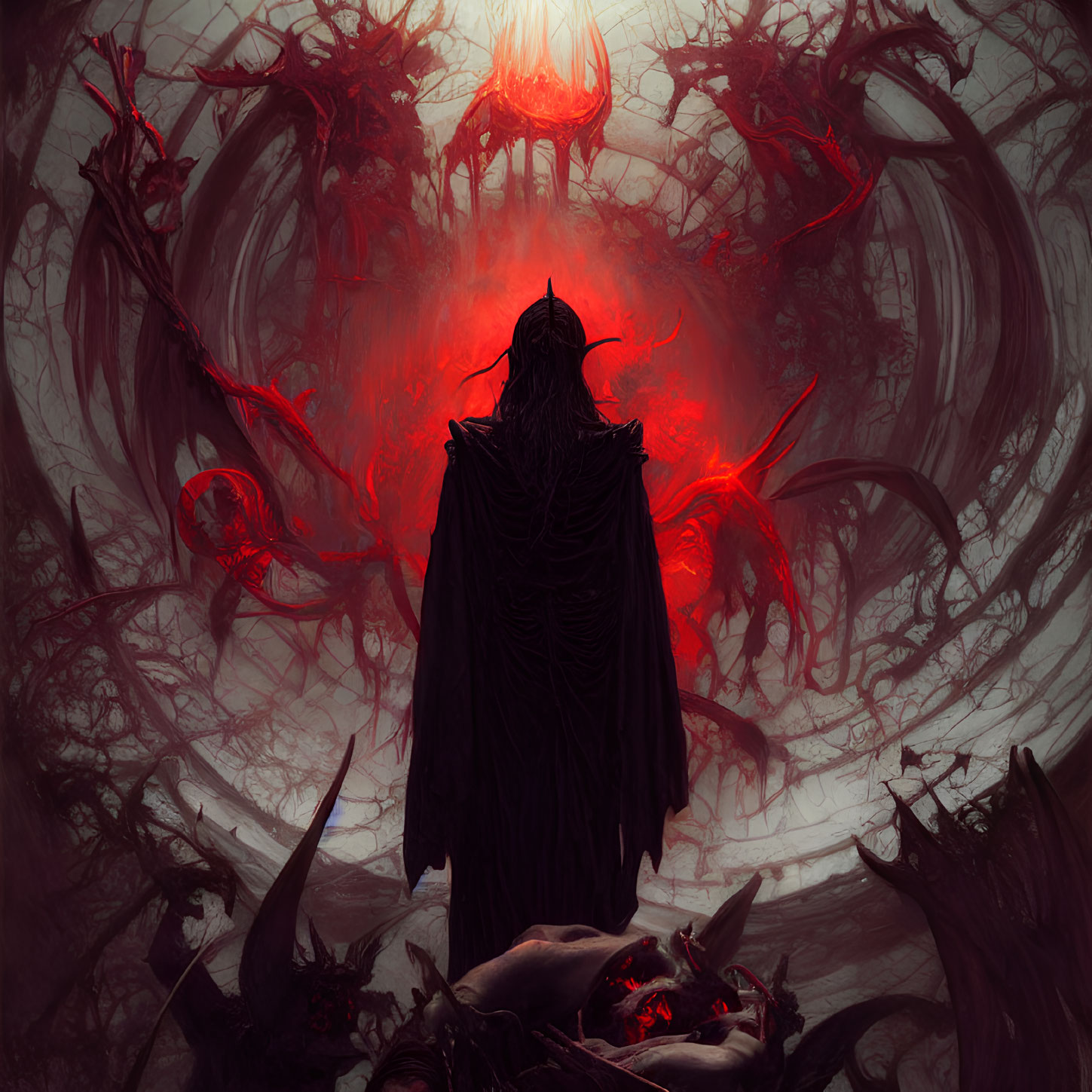 Dark Cloaked Figure Surrounded by Demonic Entities and Fiery Red Background