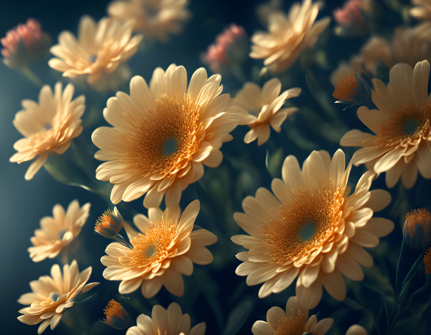 Orange-yellow daisies with dewdrops on dark background showcasing petal texture.
