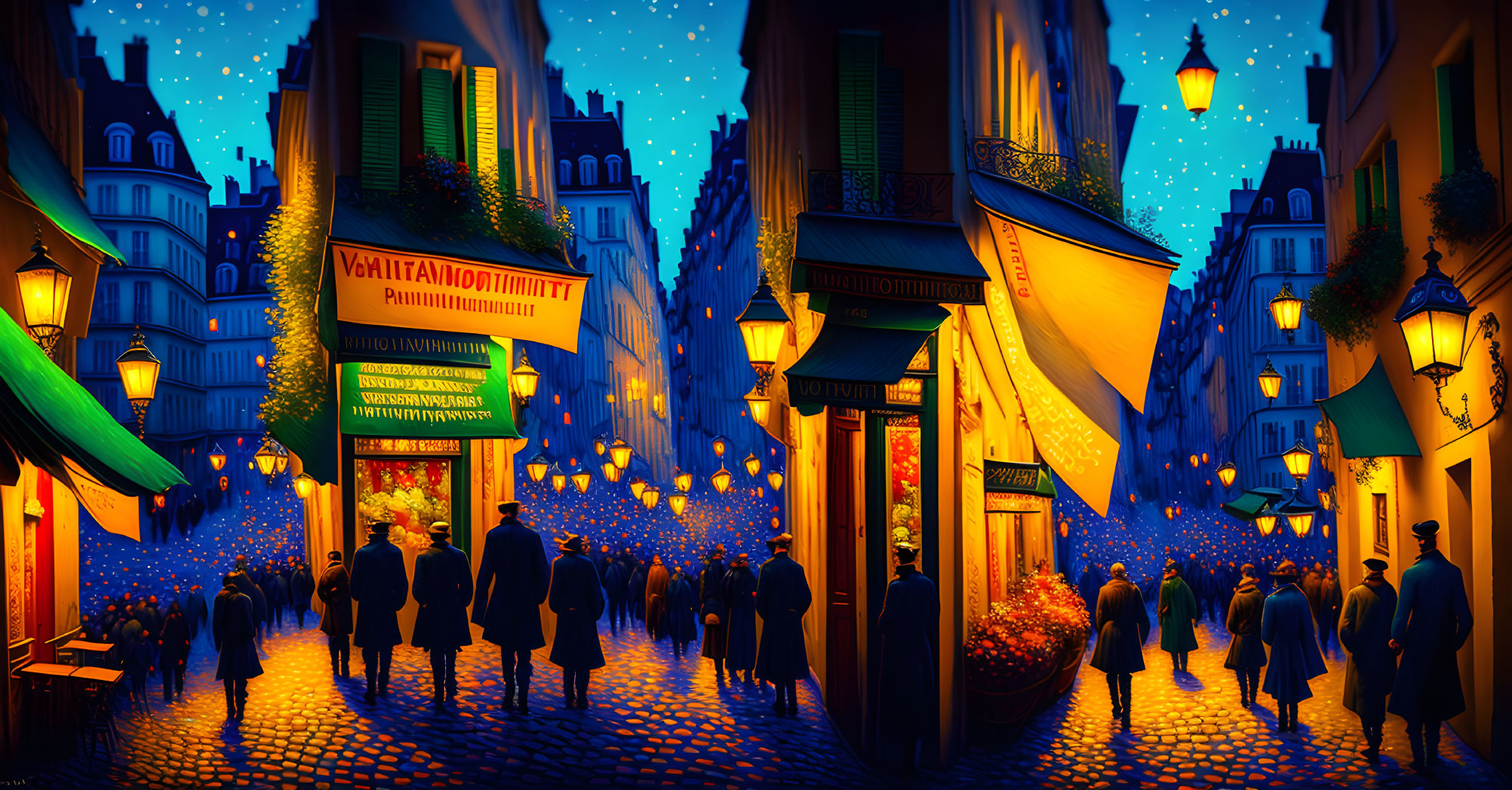 Vibrant illustration: bustling street at dusk, people walking, lively storefronts, glowing street lights