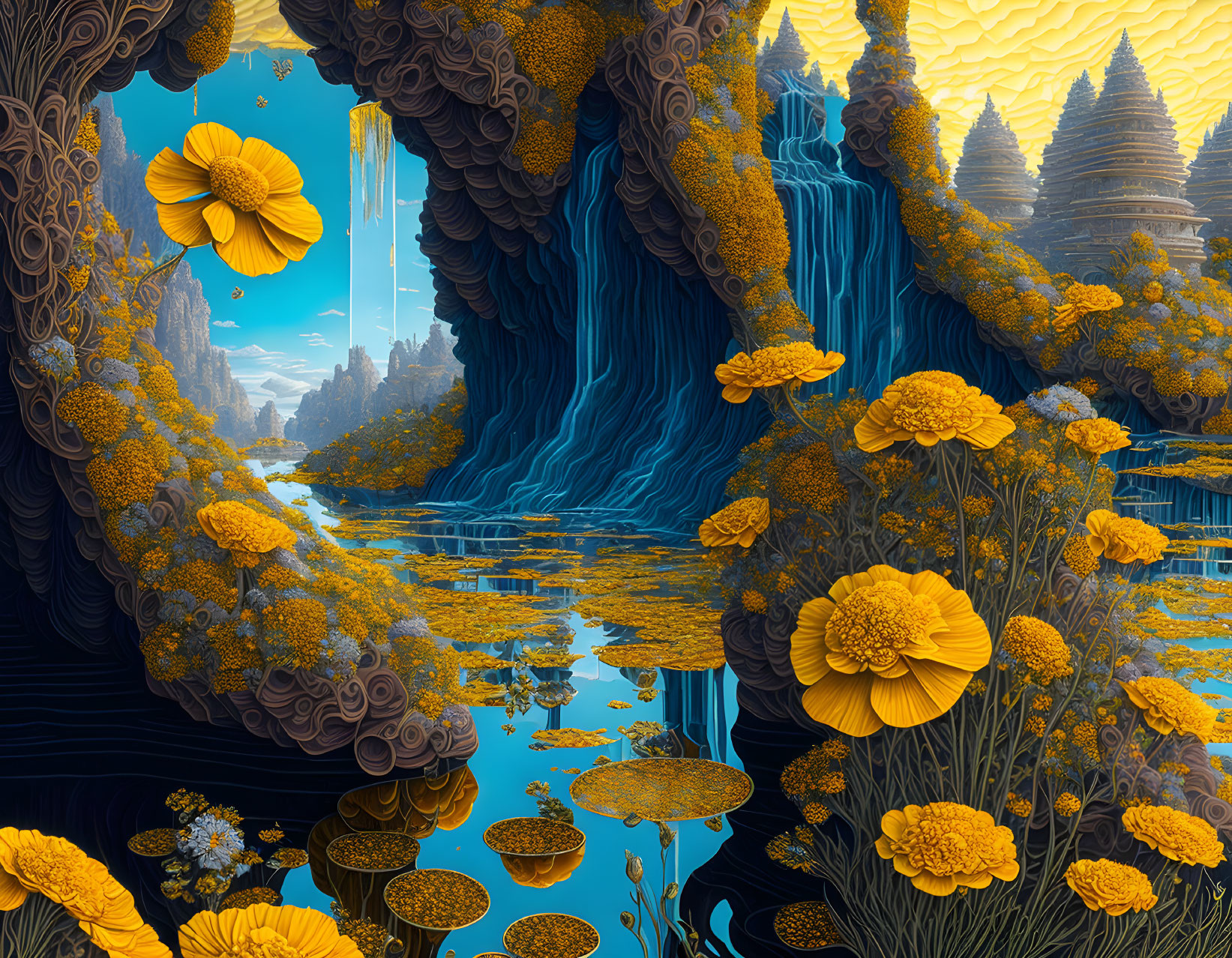 Surreal blue and yellow landscape with floral patterns, waterfalls, and rock formations.