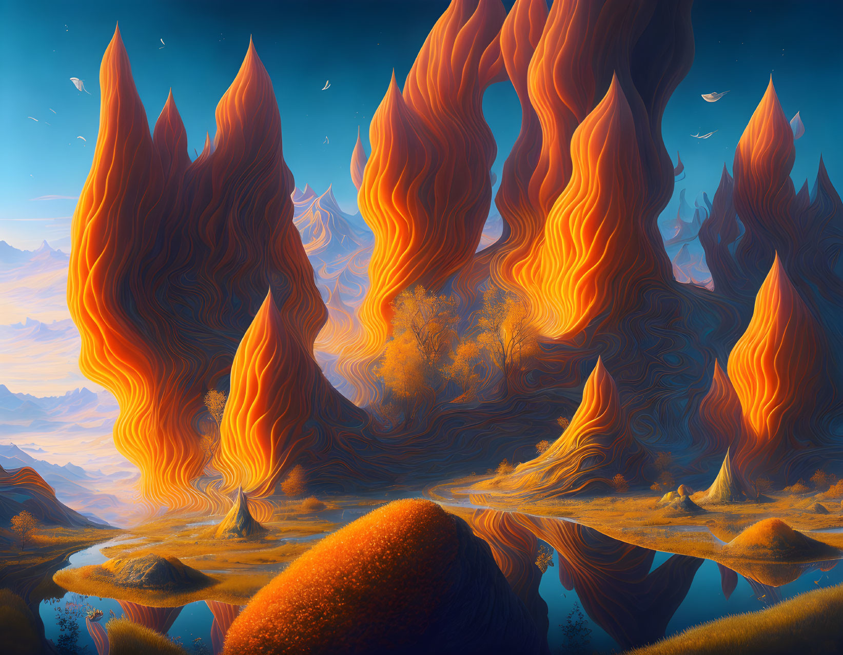 Surreal landscape with flame-shaped trees, tranquil water, birds, and grassy mounds